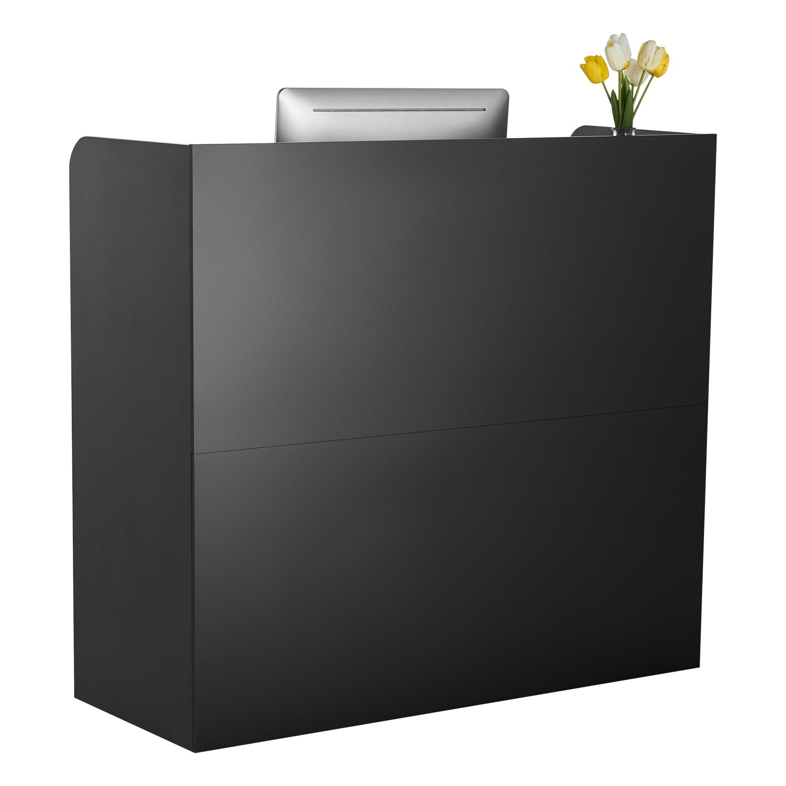 Start2Finish VEVOR 47-inch black reception desk with lockable drawer and storage cabinet, ideal for office, lobby, or salon reception areas.