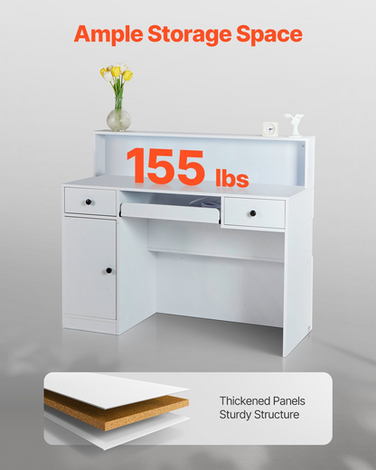White VEVOR reception desk with LED lighting, 47-inch rectangular front counter, 2 drawers, and built-in power outlets for office or lobby.