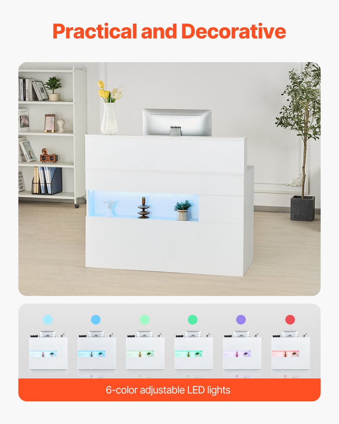 White VEVOR reception desk with LED lighting, two drawers, power outlets, rectangular shape, suitable for office, lobby, or salon.