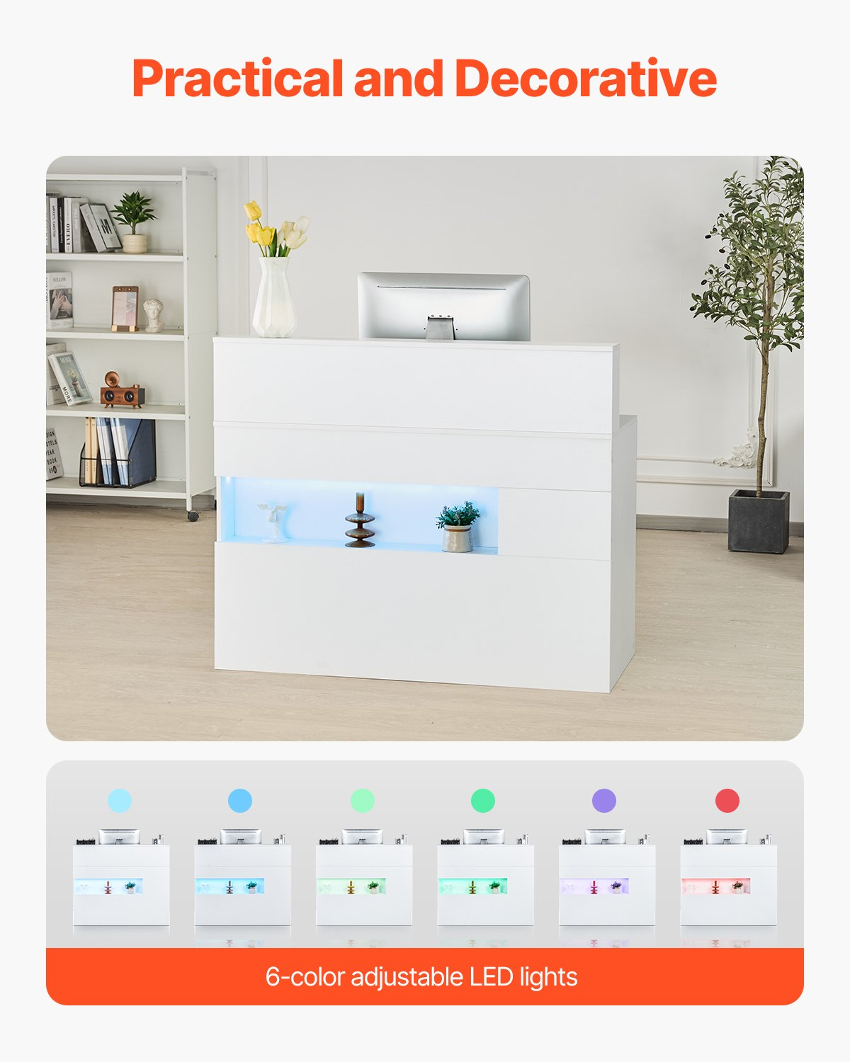 White VEVOR reception desk with LED lighting, two drawers, power outlets, rectangular shape, suitable for office, lobby, or salon.