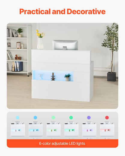 White VEVOR reception desk with LED lighting, two drawers, power outlets, rectangular shape, suitable for office, lobby, or salon.
