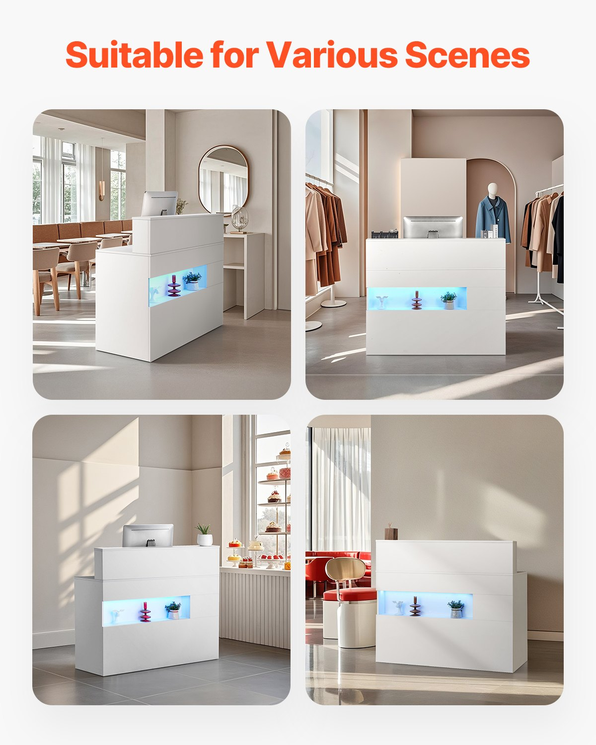 White VEVOR reception desk with LED light, 47-inch rectangular front counter, two drawers, and built-in power outlets for office use.
