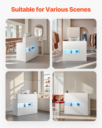 White VEVOR reception desk with LED light, 47-inch rectangular front counter, two drawers, and built-in power outlets for office use.