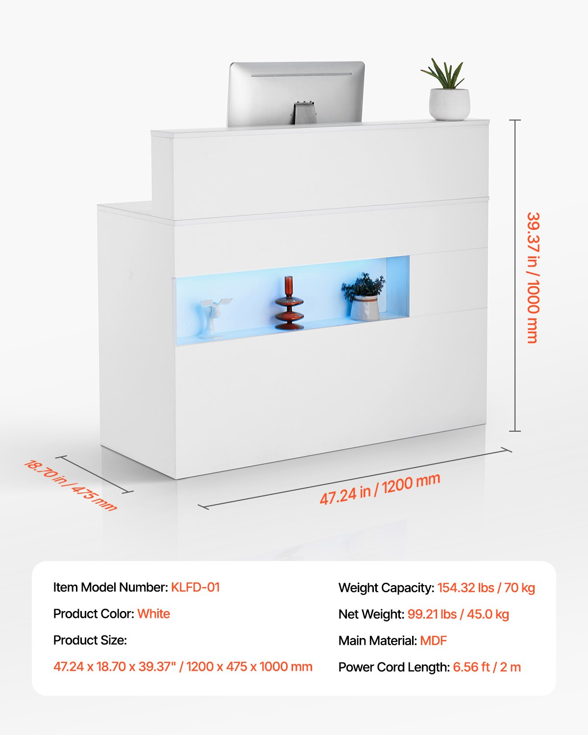 Start2Finish VEVOR white reception desk with LED lighting, 2 drawers, power outlets, ideal for office, lobby, or salon reception area.