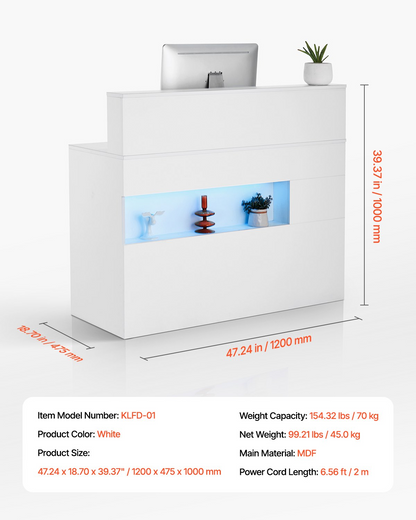 Start2Finish VEVOR white reception desk with LED lighting, 2 drawers, power outlets, ideal for office, lobby, or salon reception area.
