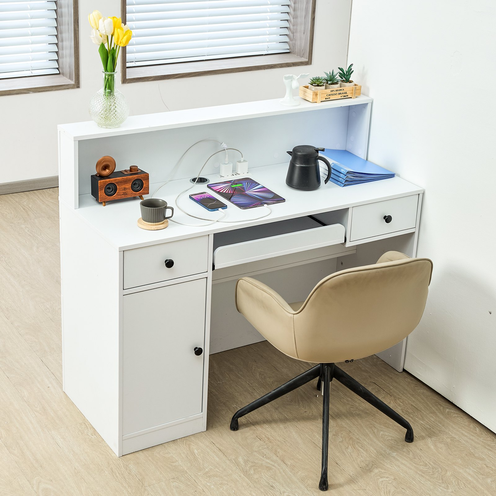 Start2Finish VEVOR white reception desk with LED lighting, two drawers, power outlets, ideal for office, lobby, or salon reception areas.
