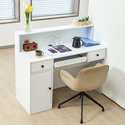 Start2Finish VEVOR white reception desk with LED lighting, two drawers, power outlets, ideal for office, lobby, or salon reception areas.