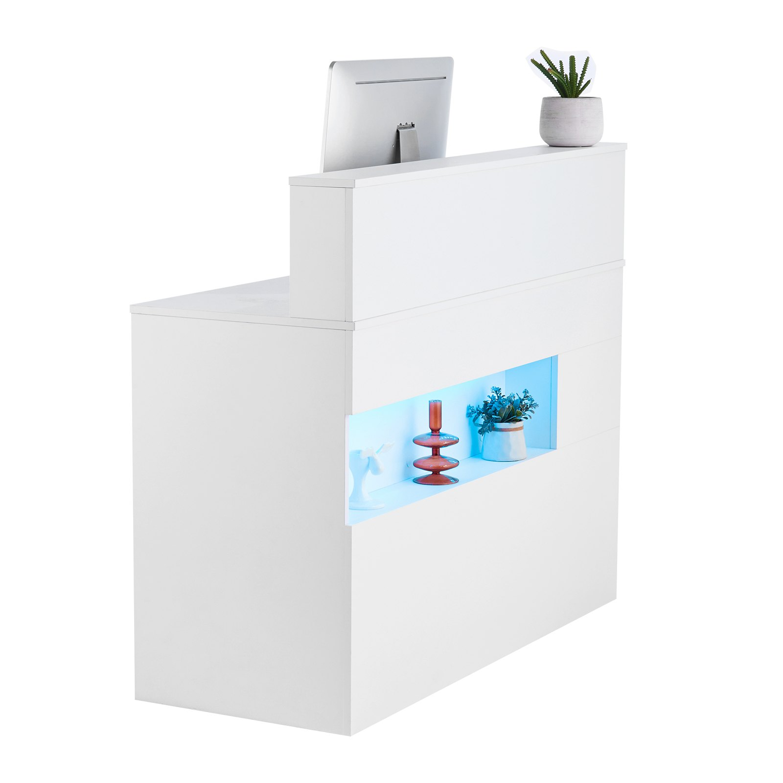 Start2Finish VEVOR 47-inch white reception desk with LED lighting, two drawers, and built-in power outlets for office or salon lobby.