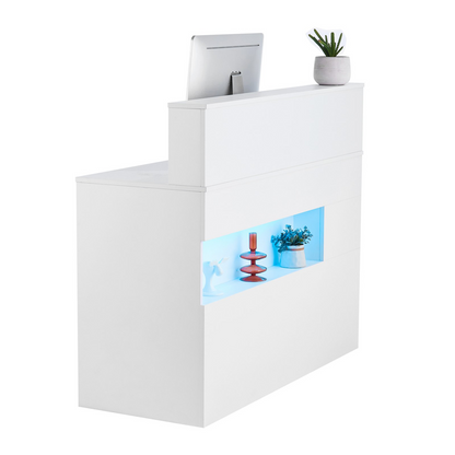 Start2Finish VEVOR 47-inch white reception desk with LED lighting, two drawers, and built-in power outlets for office or salon lobby.