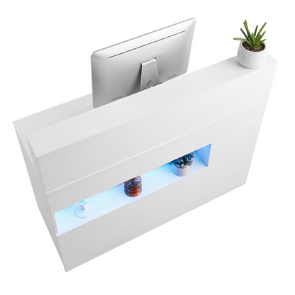 White VEVOR reception desk with LED lighting, two drawers, and power outlets, designed for office, lobby, or salon reception areas.