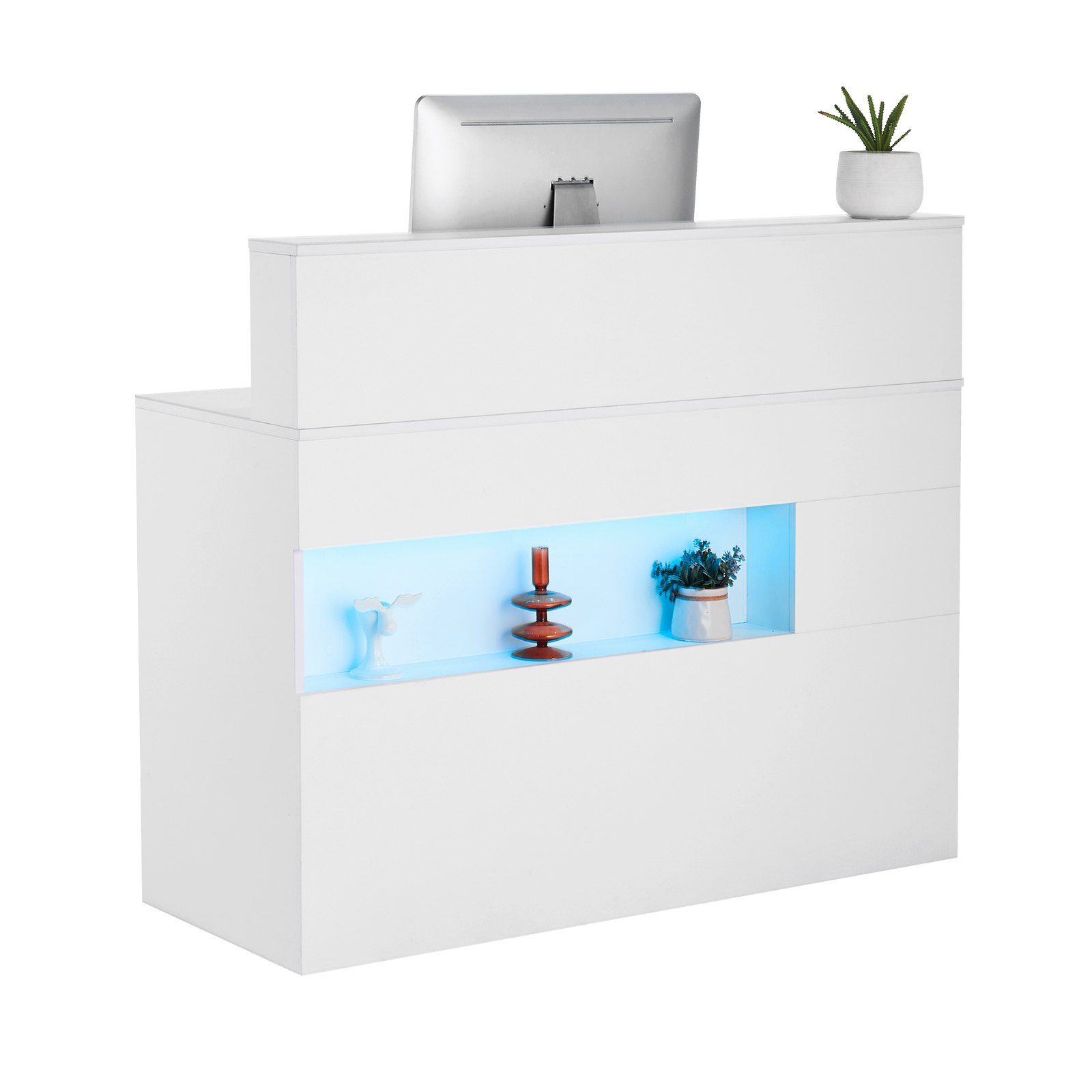 Start2Finish VEVOR white reception desk with LED light, drawers, and power outlets, ideal for office, lobby, or salon reception areas.