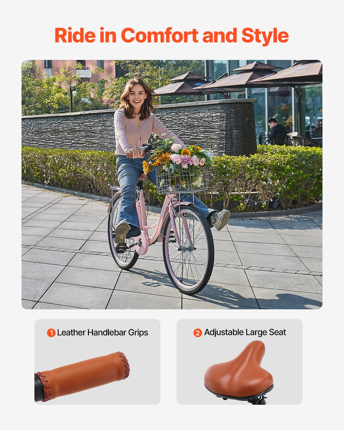 Pink VEVOR cruiser bike with 7-speed, 26-inch wheels, large basket, rear rack, adjustable seat, ideal for cycling and shopping.