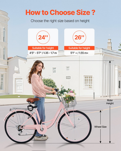 Pink 26-inch VEVOR Cruiser Bike with 7-speed gears, large basket, rear rack, adjustable seat, ideal for cycling, shopping, and exercise.