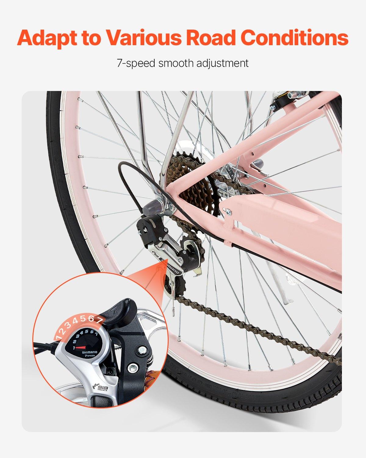 Start2Finish VEVOR 7-speed pink cruiser bike with 26-inch wheels, large basket, rear rack, adjustable seat for cycling and shopping.