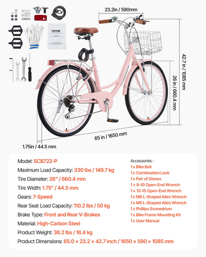 Pink 26-inch VEVOR cruiser bike with 7-speed gears, large basket, rear rack, adjustable seat, ideal for cycling, shopping, and exercise.