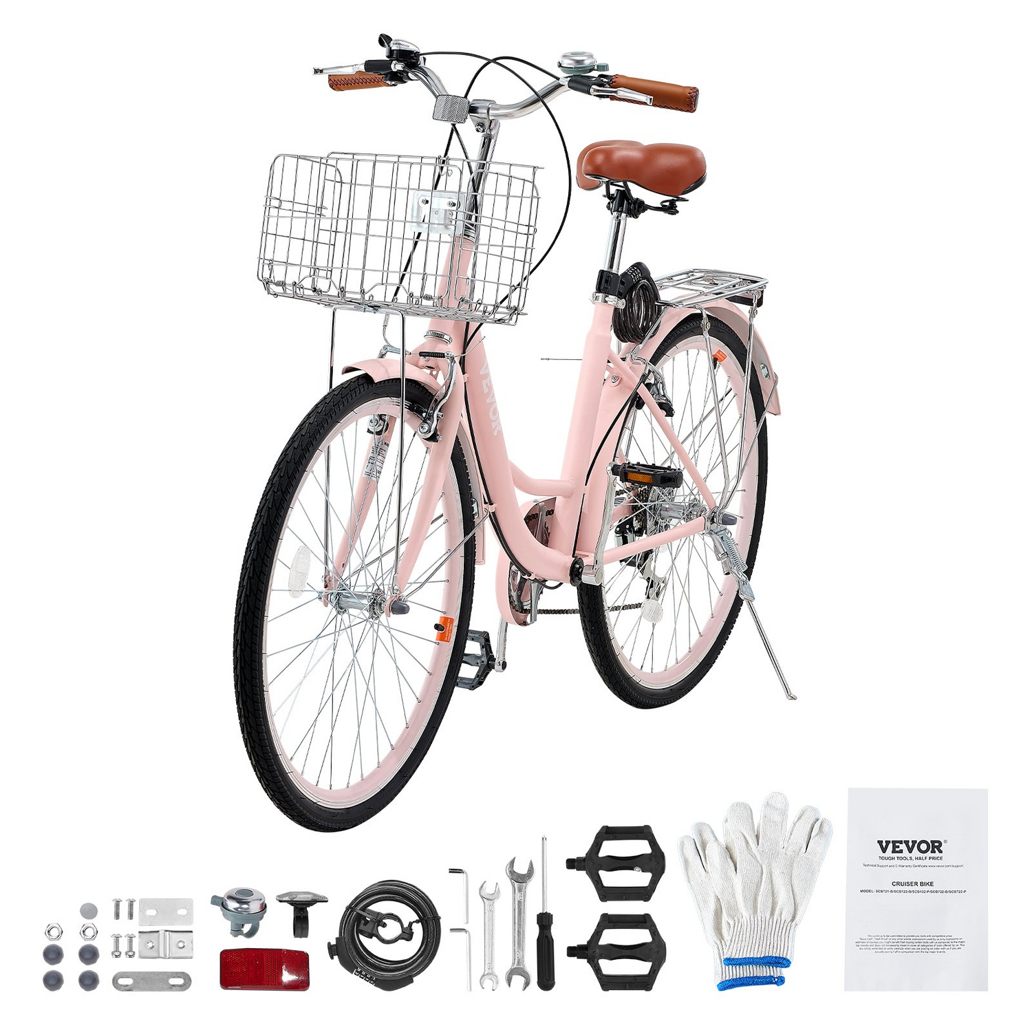 Start2Finish pink cruiser bike with 7-speed, 26-inch wheels, large basket, rear rack, adjustable seat, ideal for cycling and shopping.