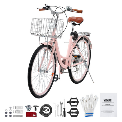 Start2Finish pink cruiser bike with 7-speed, 26-inch wheels, large basket, rear rack, adjustable seat, ideal for cycling and shopping.