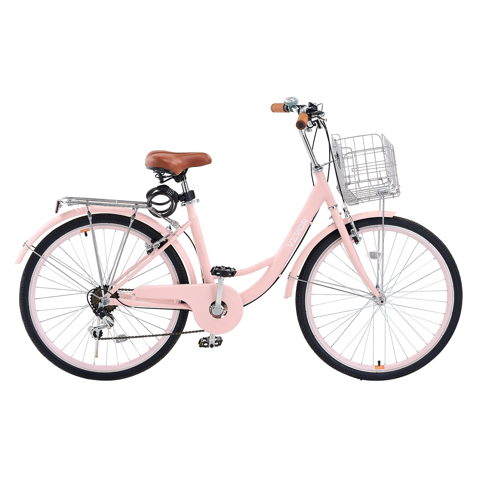 Start2Finish pink cruiser bike with 7-speed, 26-inch wheels, large basket, rear rack, adjustable seat, suitable for cycling and shopping.