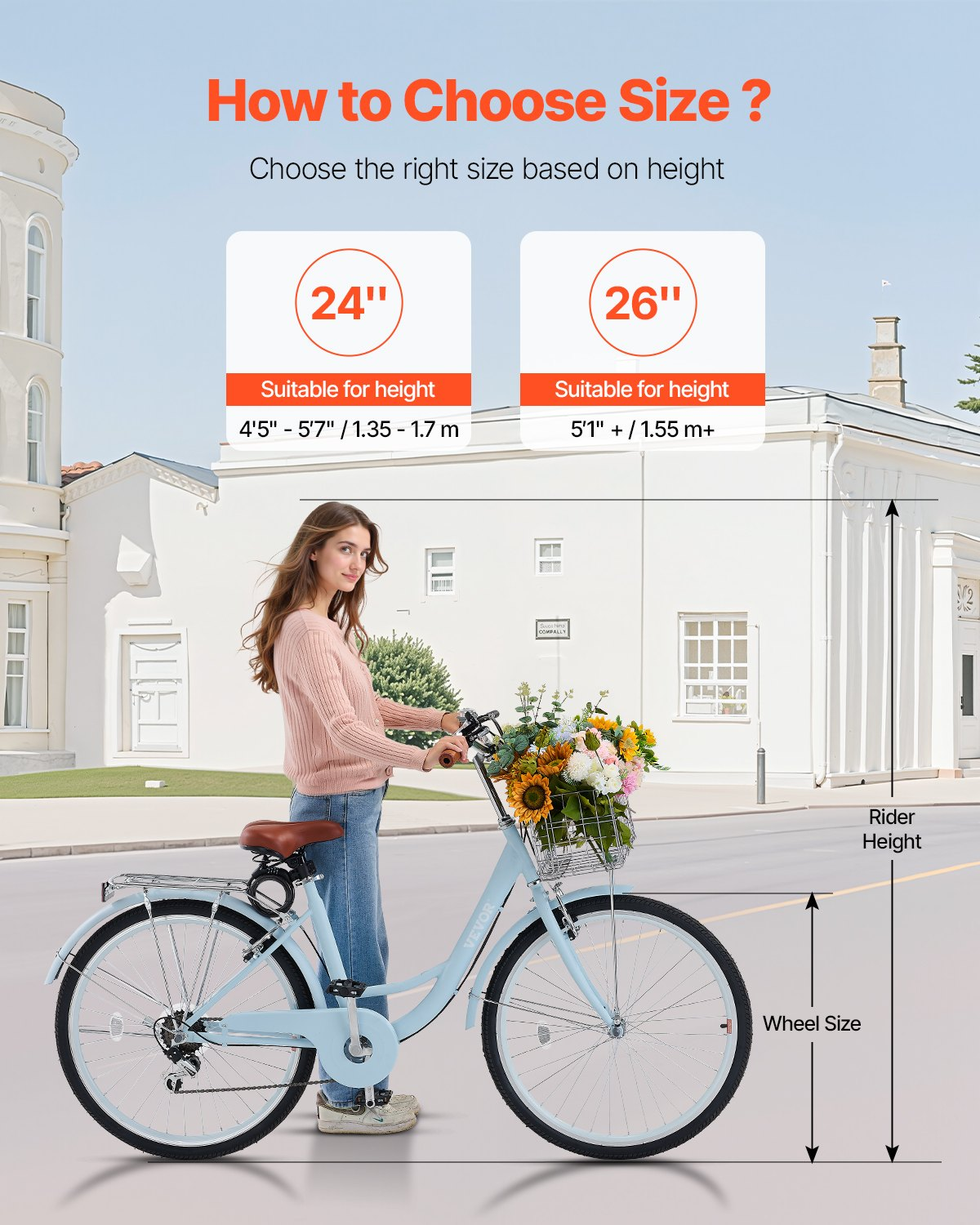 Light blue VEVOR cruiser bike with 26-inch wheels, 7-speed gear, large basket, rear rack, adjustable seat, ideal for cycling and shopping.
