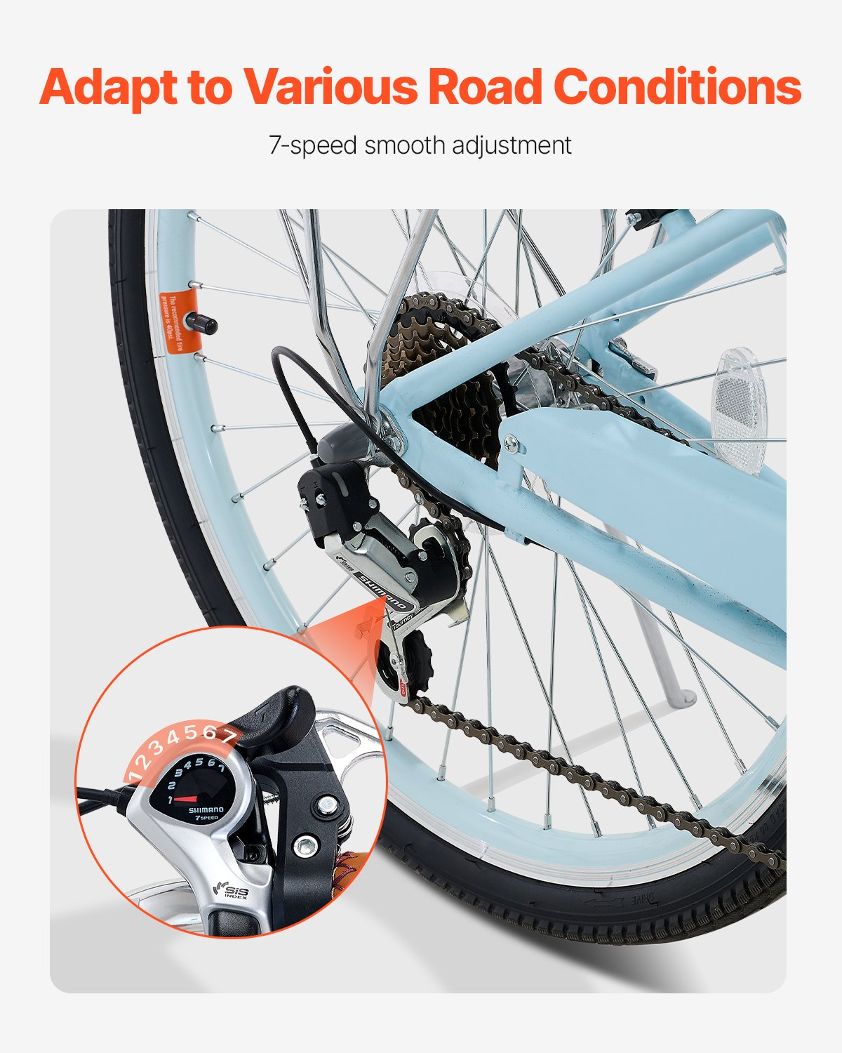 Light blue VEVOR Cruiser Bike with 7-speed gears, large basket, rear rack, adjustable seat, ideal for cycling, shopping, and exercise.