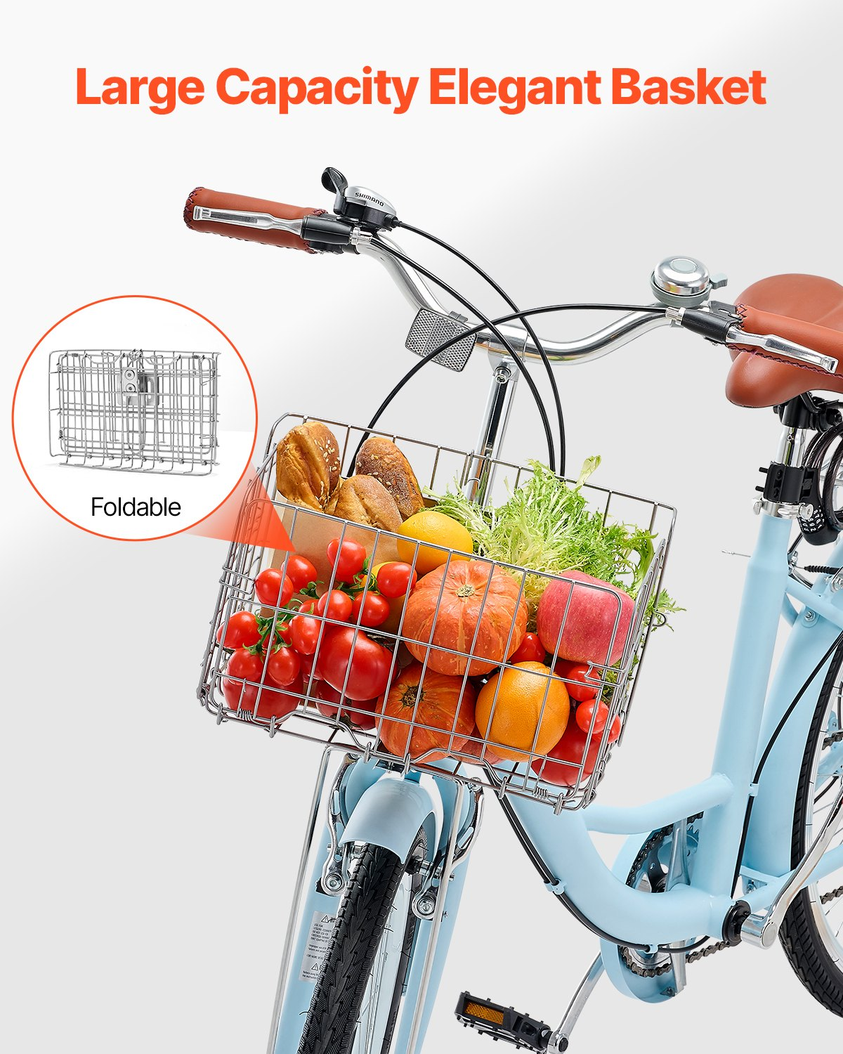 Light blue VEVOR Cruiser Bike with 7-speed gears, 26-inch wheels, large basket, rear rack, adjustable seat, ideal for cycling and shopping.