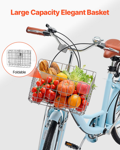 Light blue VEVOR Cruiser Bike with 7-speed gears, 26-inch wheels, large basket, rear rack, adjustable seat, ideal for cycling and shopping.