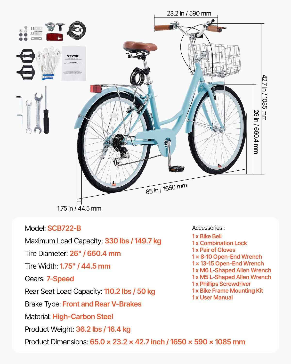 Light blue VEVOR cruiser bike with 7-speed, 26-inch frame, large basket, rear rack, adjustable seat, ideal for cycling and shopping.