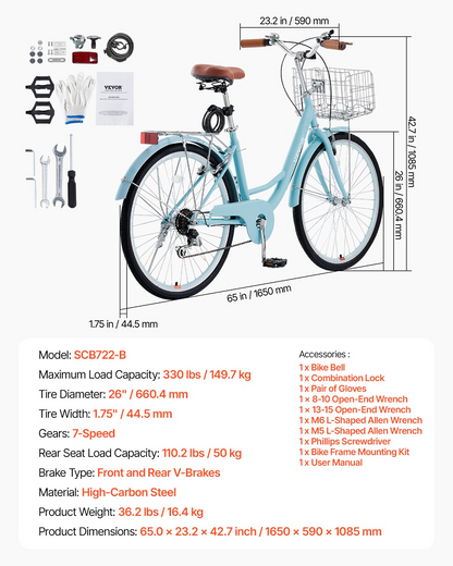Light blue VEVOR cruiser bike with 7-speed, 26-inch frame, large basket, rear rack, adjustable seat, ideal for cycling and shopping.
