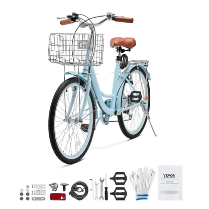 Light blue VEVOR cruiser bike with 7-speed gears, large basket, rear rack, adjustable seat, suitable for cycling, shopping, and exercise