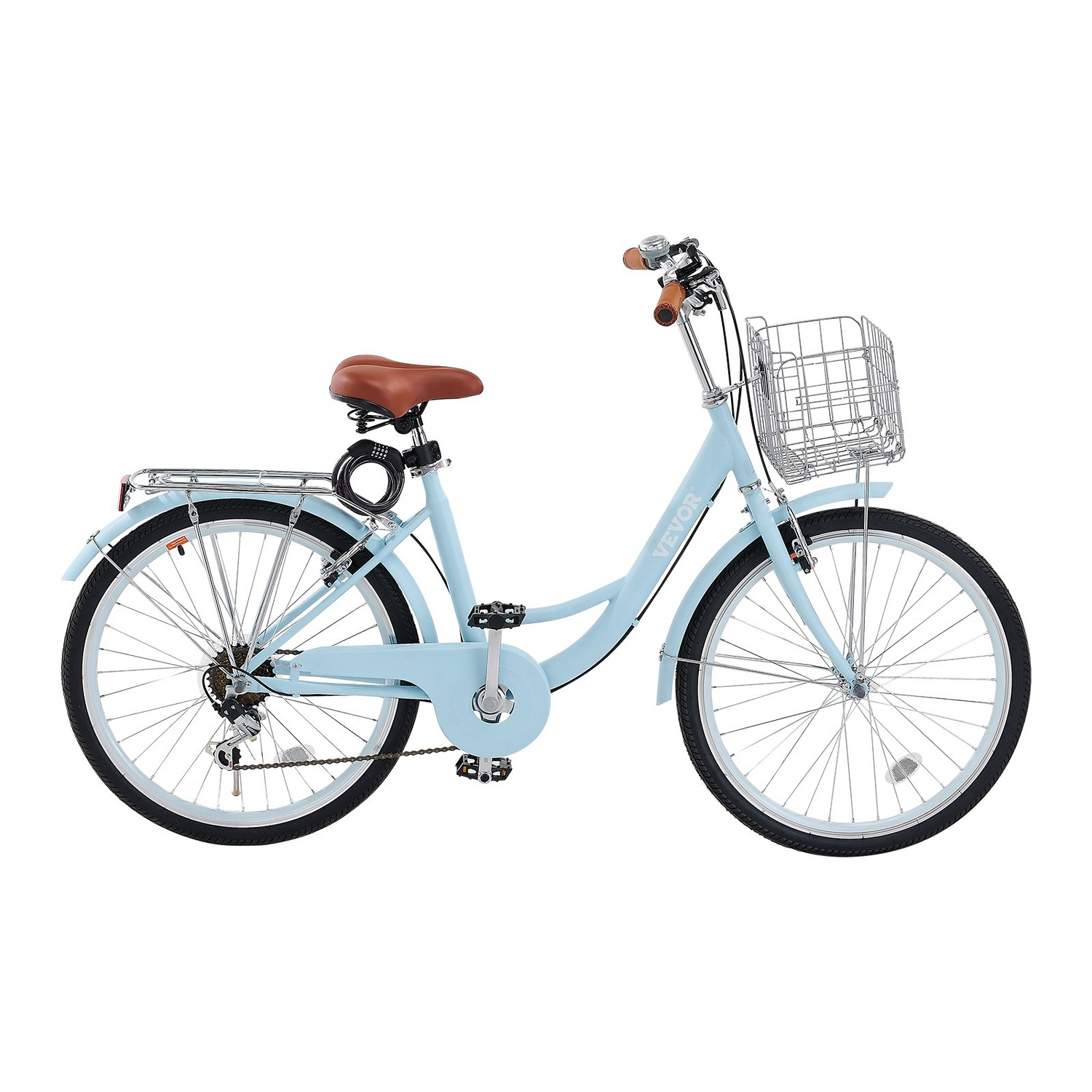 Light blue VEVOR cruiser bike with 7-speed, 26-inch wheels, large basket, rear rack, adjustable seat, perfect for cycling and shopping.
