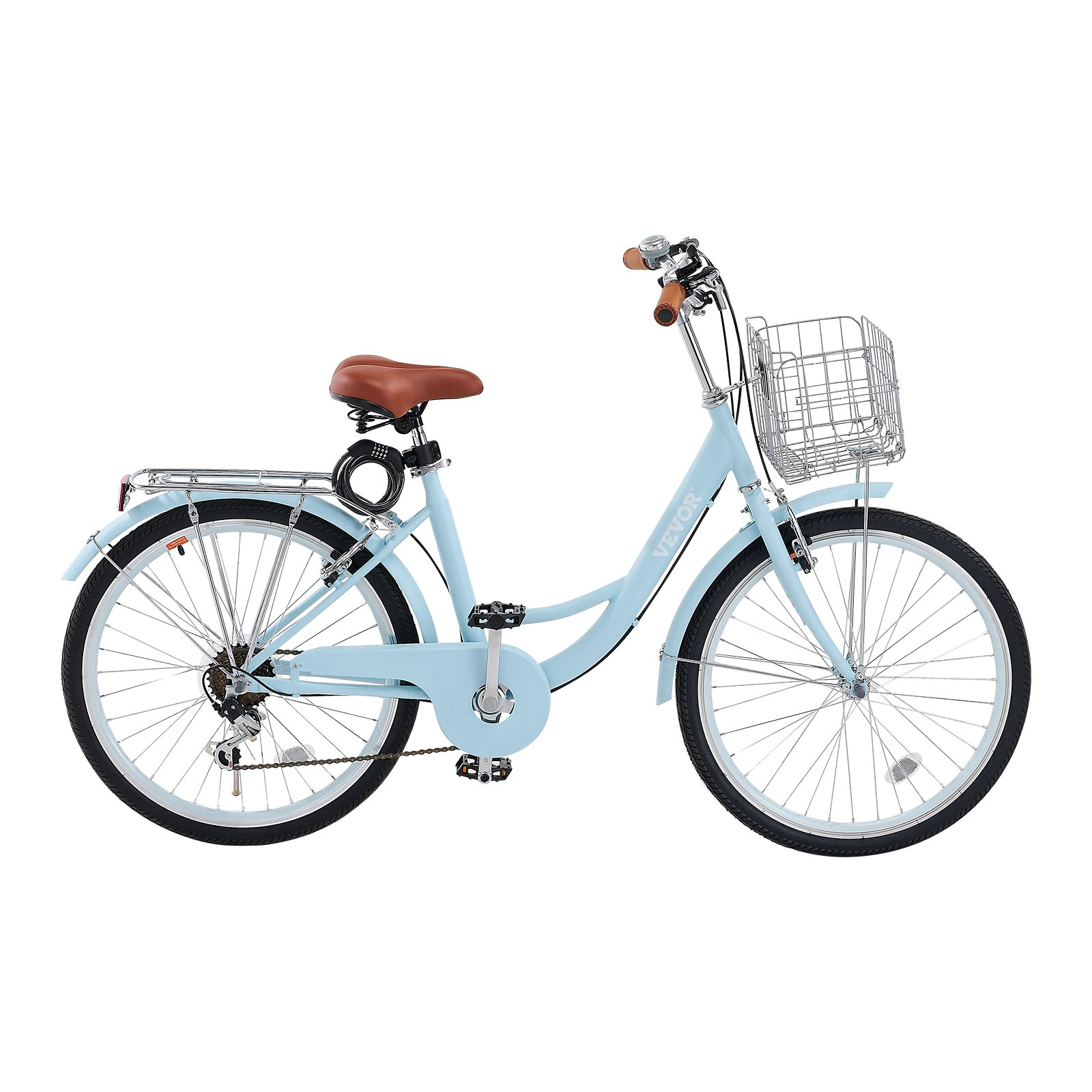 Light blue VEVOR cruiser bike with 7-speed, 26-inch wheels, large basket, rear rack, adjustable seat, perfect for cycling and shopping.