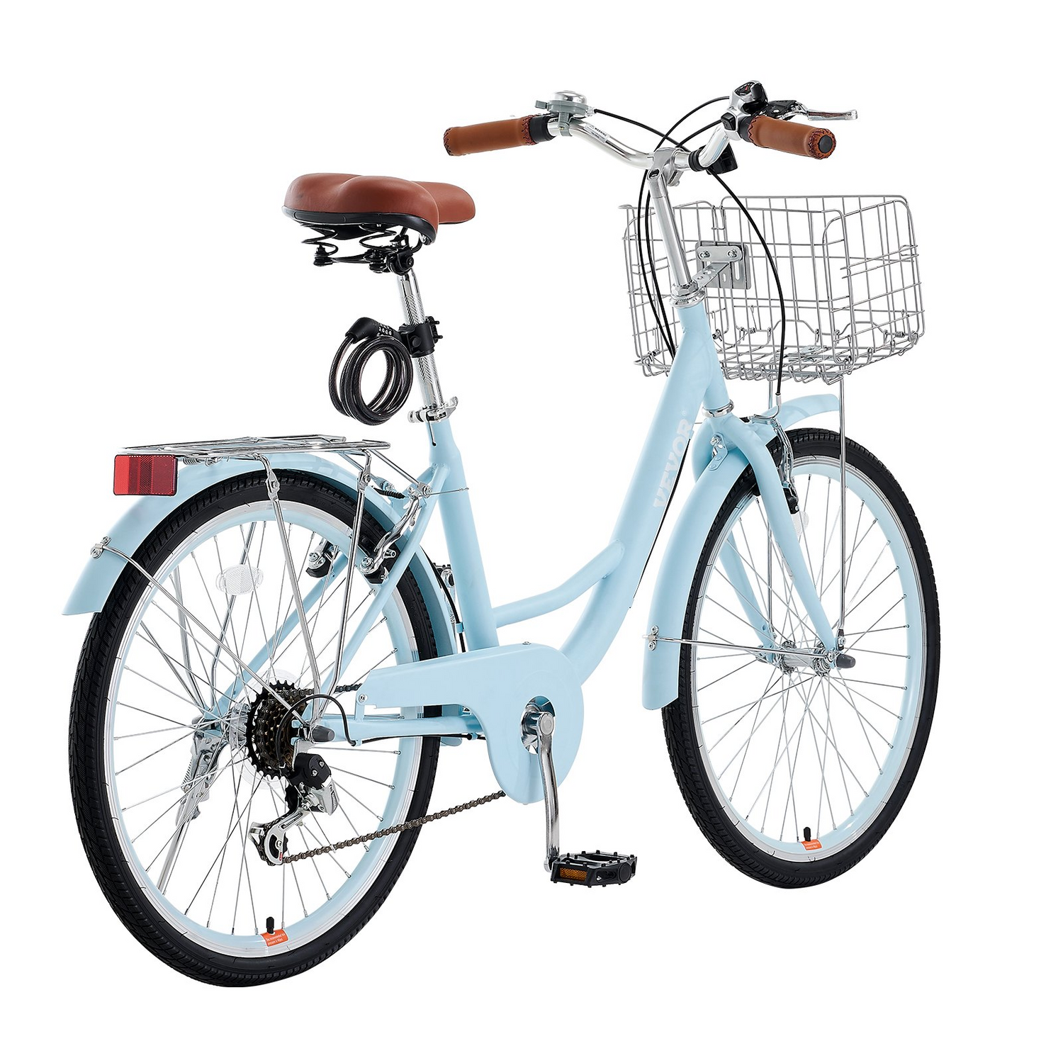 Light blue VEVOR cruiser bike with 7-speed gears, large basket, rear rack, adjustable seat, suitable for cycling, shopping, and exercise.