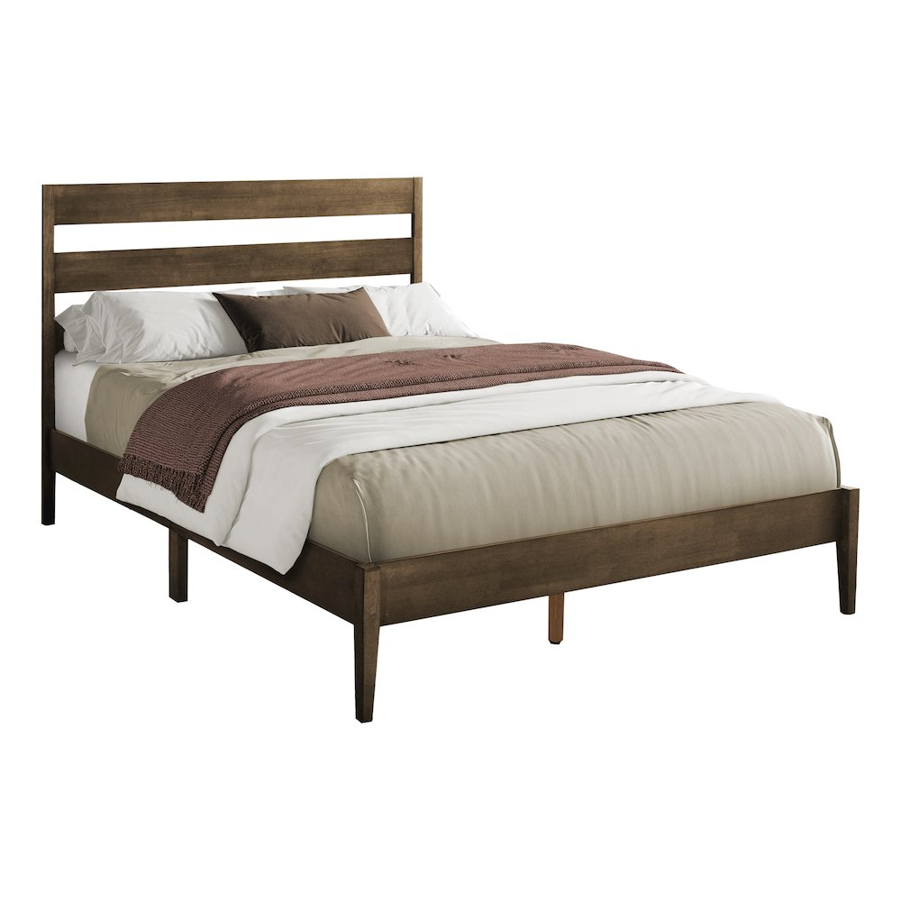 Queen size walnut wood bed frame with a contemporary modern design, featuring clean lines and a sturdy structure.