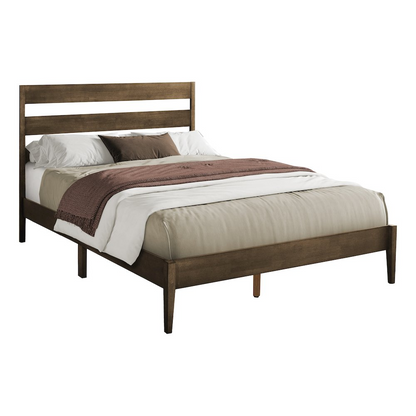 Queen size walnut wood bed frame with a contemporary modern design, featuring clean lines and a sturdy structure.