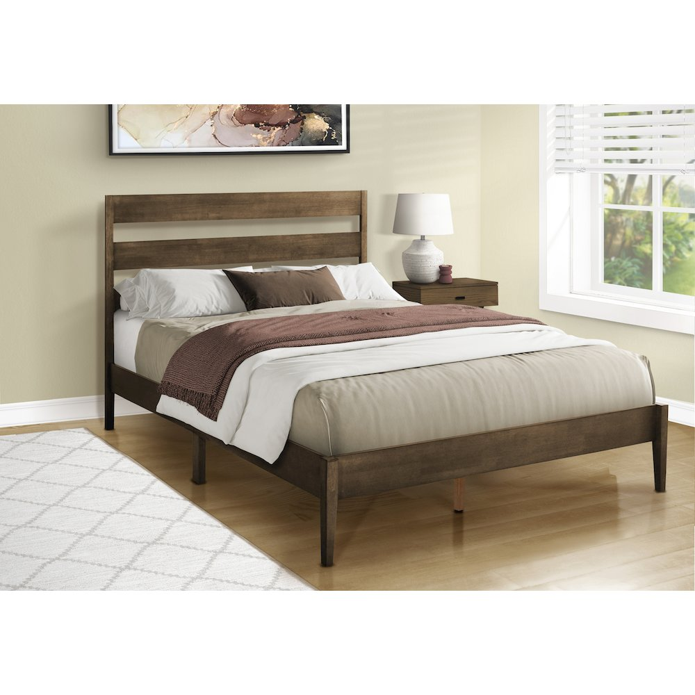 Queen size walnut wood bed frame with a sleek, contemporary design, featuring clean lines and modern style.