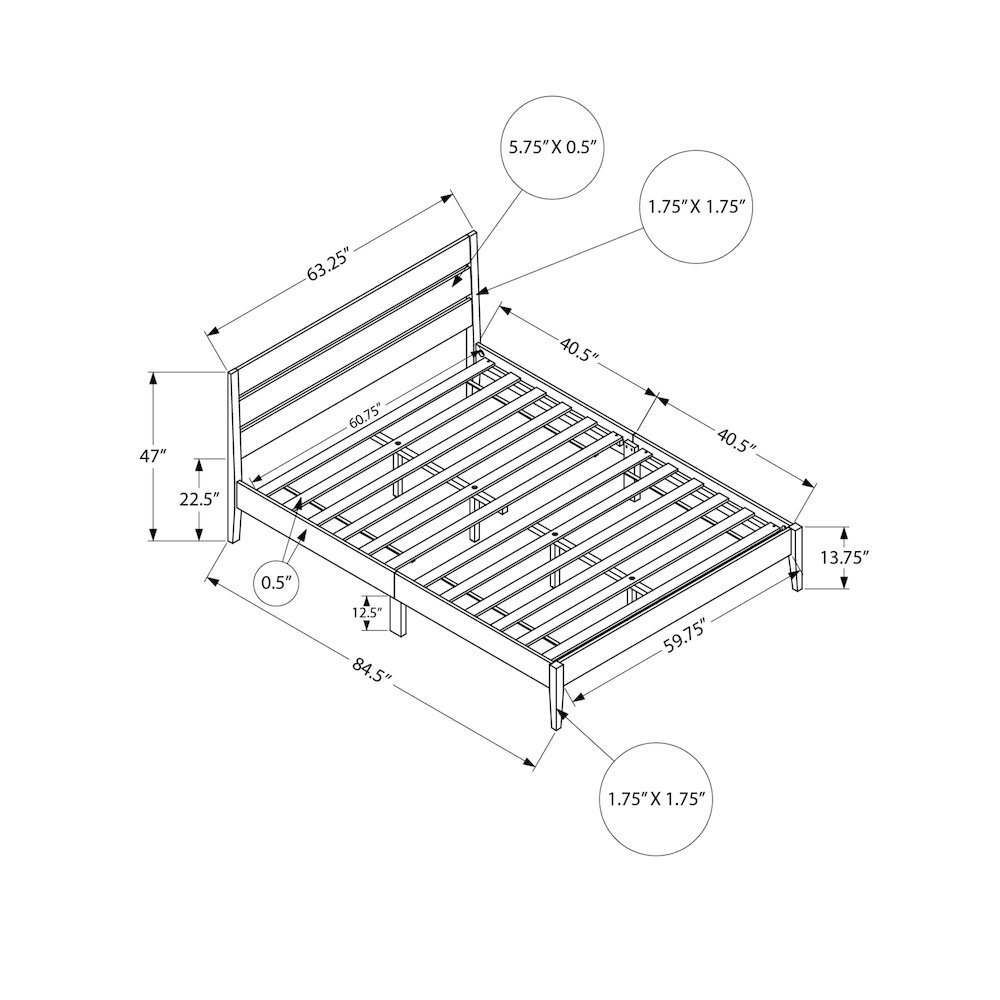 Queen size walnut wood bed frame with a contemporary modern design, featuring clean lines and a sturdy construction.