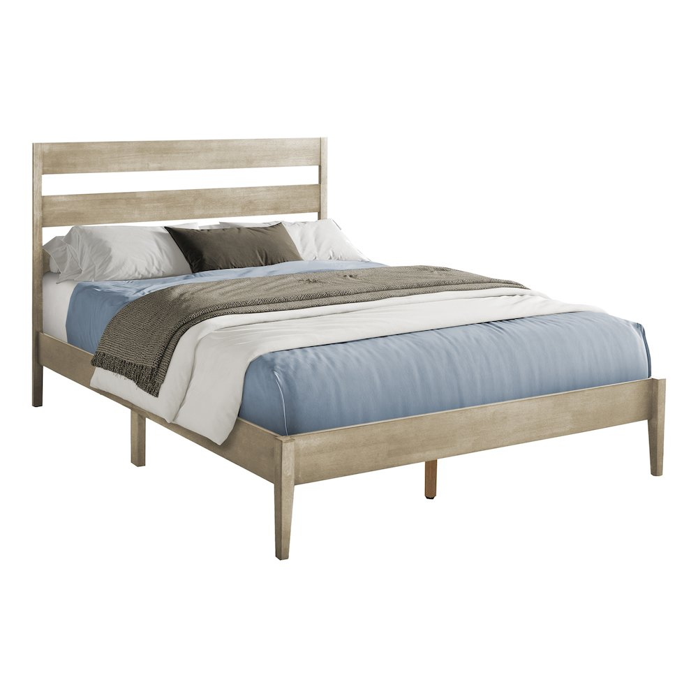 Queen size bed with grey solid wood legs, contemporary design by Start2Finish, shown with a modern upholstered headboard.