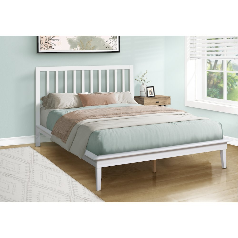 Queen size platform bed by Start2Finish with white wood legs, modern contemporary design, featuring a sleek and minimalist style.