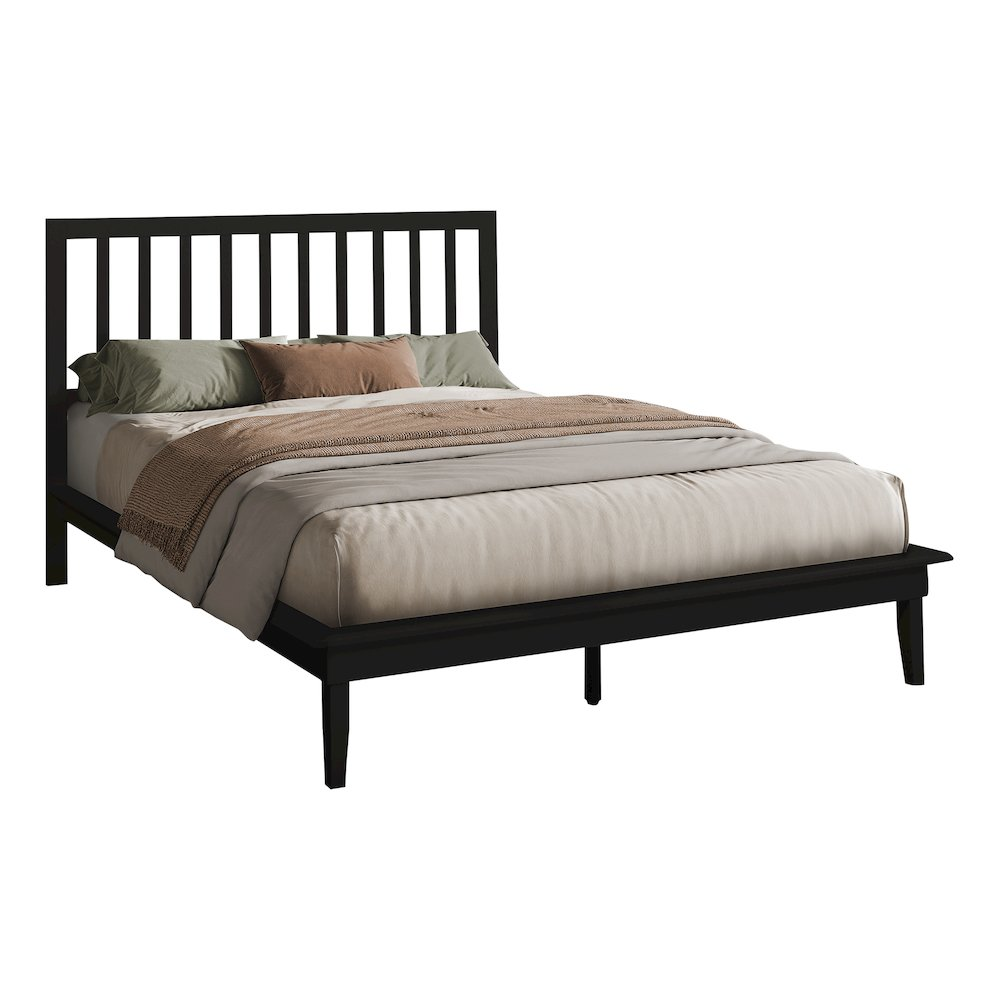 Queen size black wood platform bed with sleek legs, contemporary design, sturdy frame, and clean lines from Start2Finish.