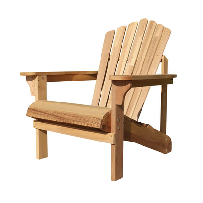 Western Red Cedar Riverside Adirondack Chair by Start2Finish, showing a classic outdoor wooden furniture piece with wide armrests.