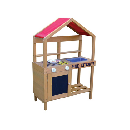 Kid’s mud kitchen by Start2Finish with wooden countertop, sink, and play utensils for outdoor imaginative play.