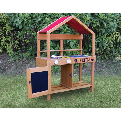 Start2Finish Kid’s Mud Kitchen with colorful wooden counters, shelves, and accessories for outdoor pretend play.