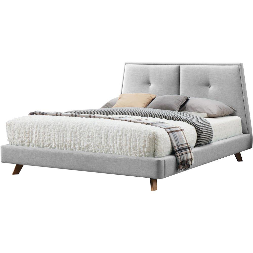 Light gray Kenzie wood and fabric upholstered queen platform bed by Start2Finish with a modern design and clean lines.