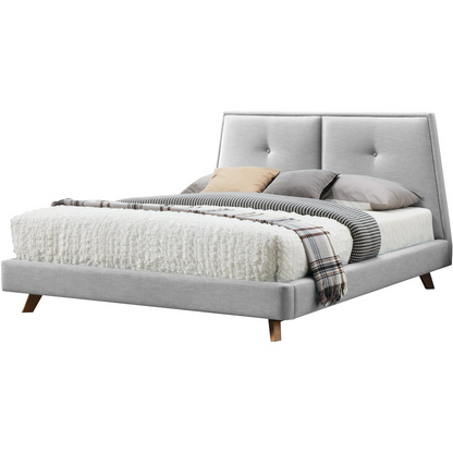 Light gray Kenzie wood and fabric upholstered queen platform bed by Start2Finish with a modern design and clean lines.