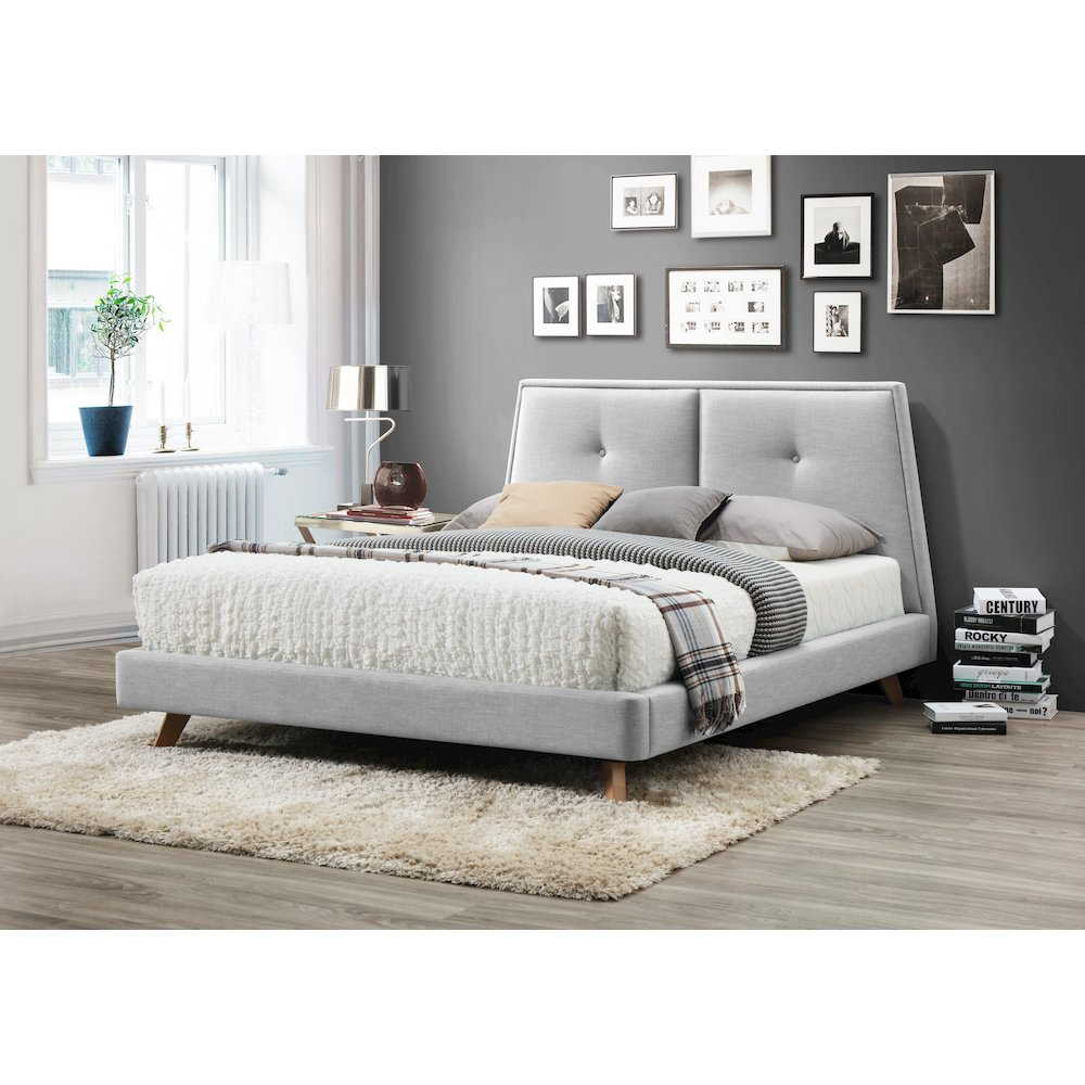 Light gray Kenzie wood and fabric upholstered queen platform bed with clean lines and modern design.