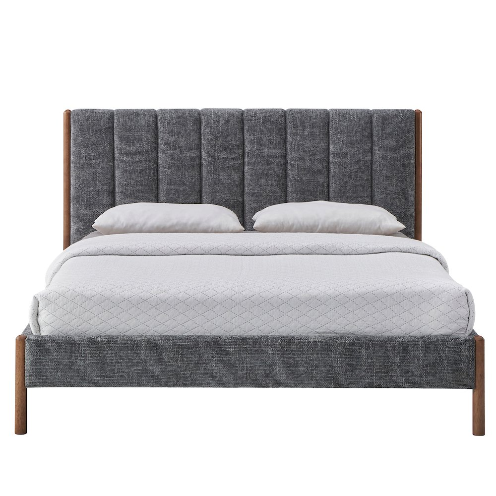 Start2Finish Exton upholstered platform queen bed in dark gray fabric with a padded headboard and sleek frame.