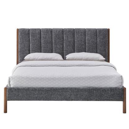 Start2Finish Exton upholstered platform queen bed in dark gray fabric with a padded headboard and sleek frame.