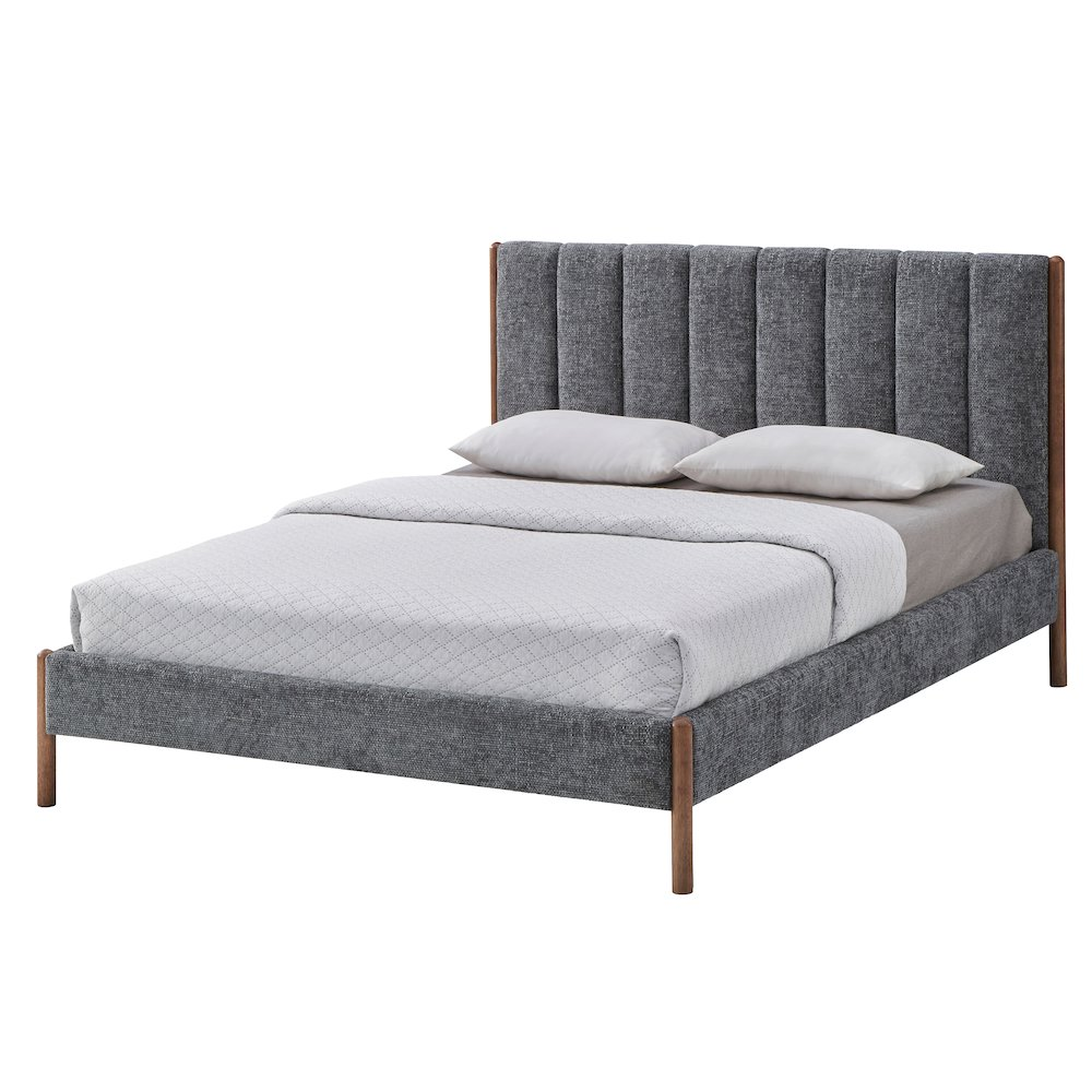 Exton upholstered platform queen bed in dark gray fabric with a padded headboard and modern design.