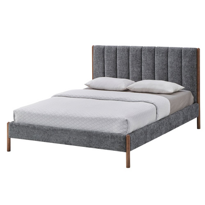 Exton upholstered platform queen bed in dark gray fabric with a padded headboard and modern design.