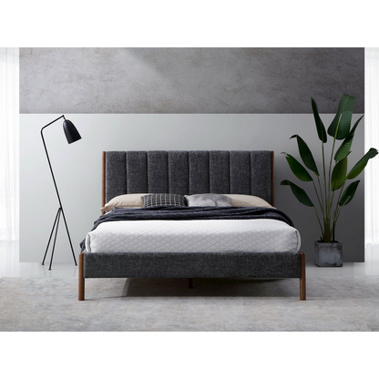 Start2Finish Exton upholstered platform queen bed in dark gray fabric with a padded headboard and sleek modern design.